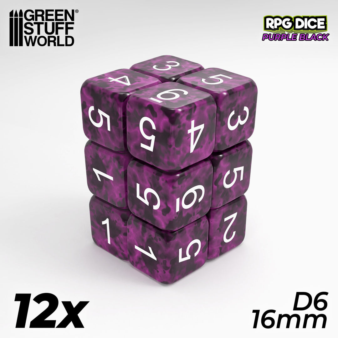 12x D6 16mm Dice - Purple Black (Green Stuff World)