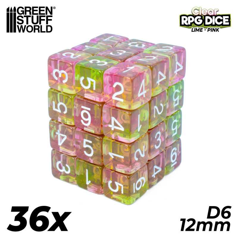 36x D6 12mm Dice - Clear Lime and Pink (Green Stuff World)