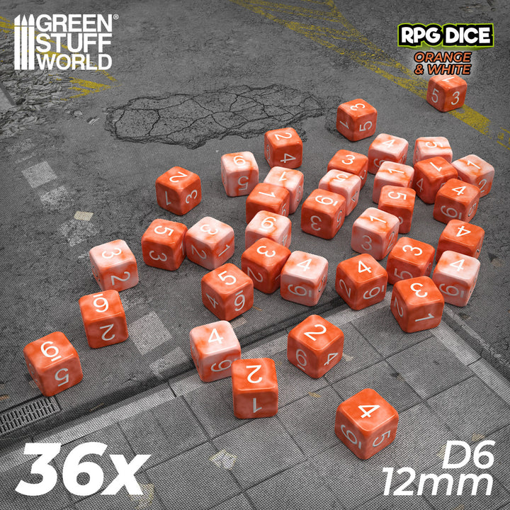 36x D6 12mm Dice - Orange White Marble (Green Stuff World)