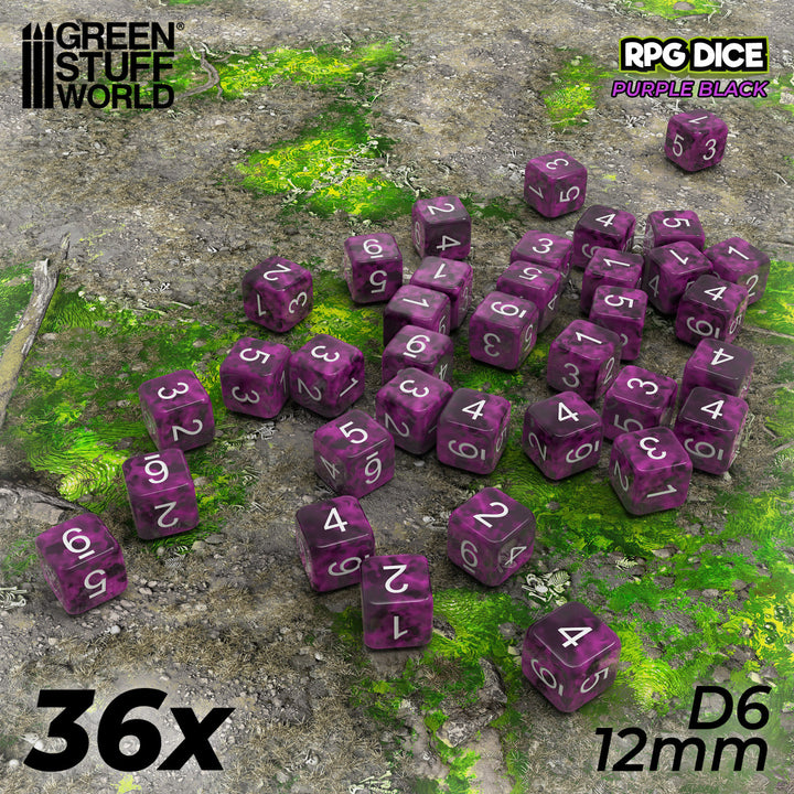 36x D6 12mm Dice - Purple Black (Green Stuff World)
