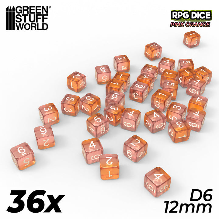 36x D6 12mm Dice - Clear Pink/Orange (Green Stuff World)
