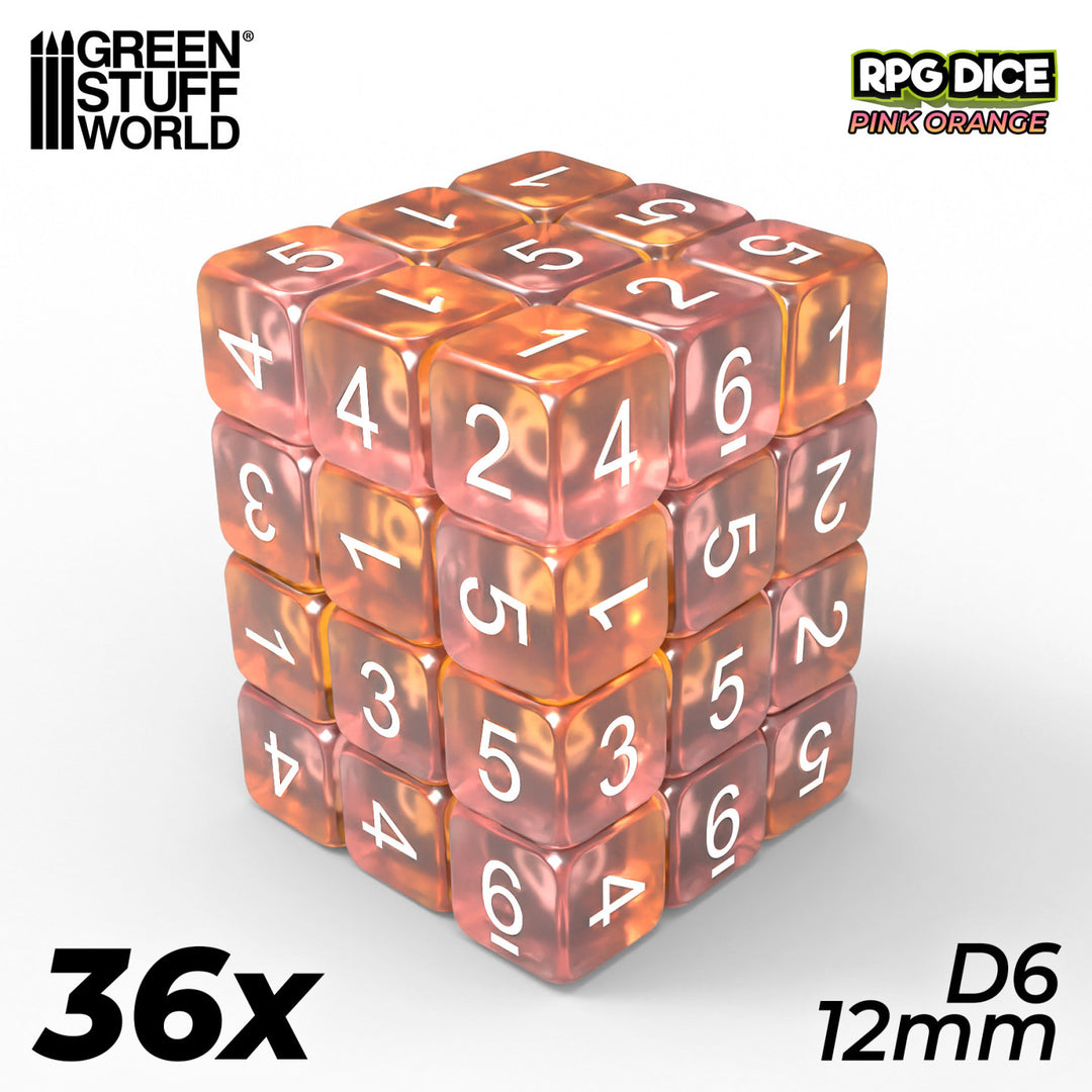 36x D6 12mm Dice - Clear Pink/Orange (Green Stuff World)