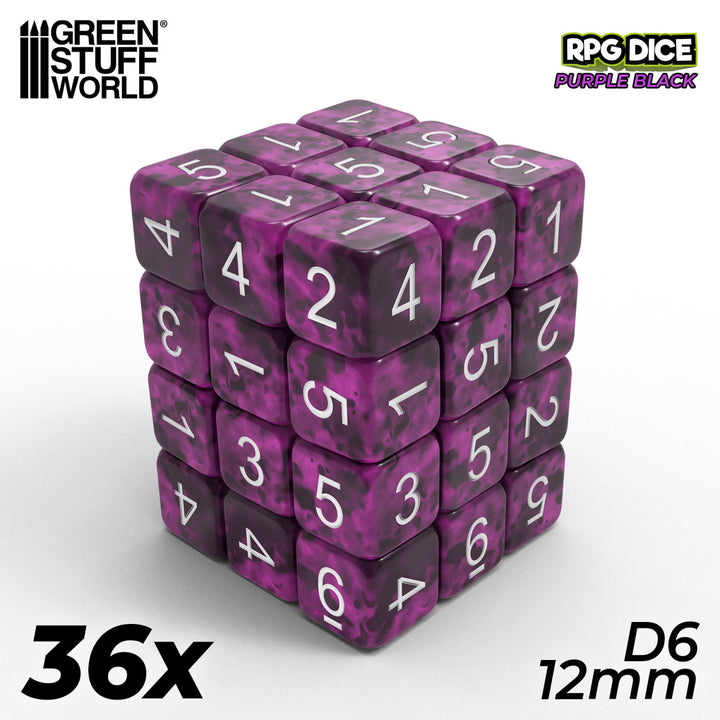 36x D6 12mm Dice - Purple Black (Green Stuff World)