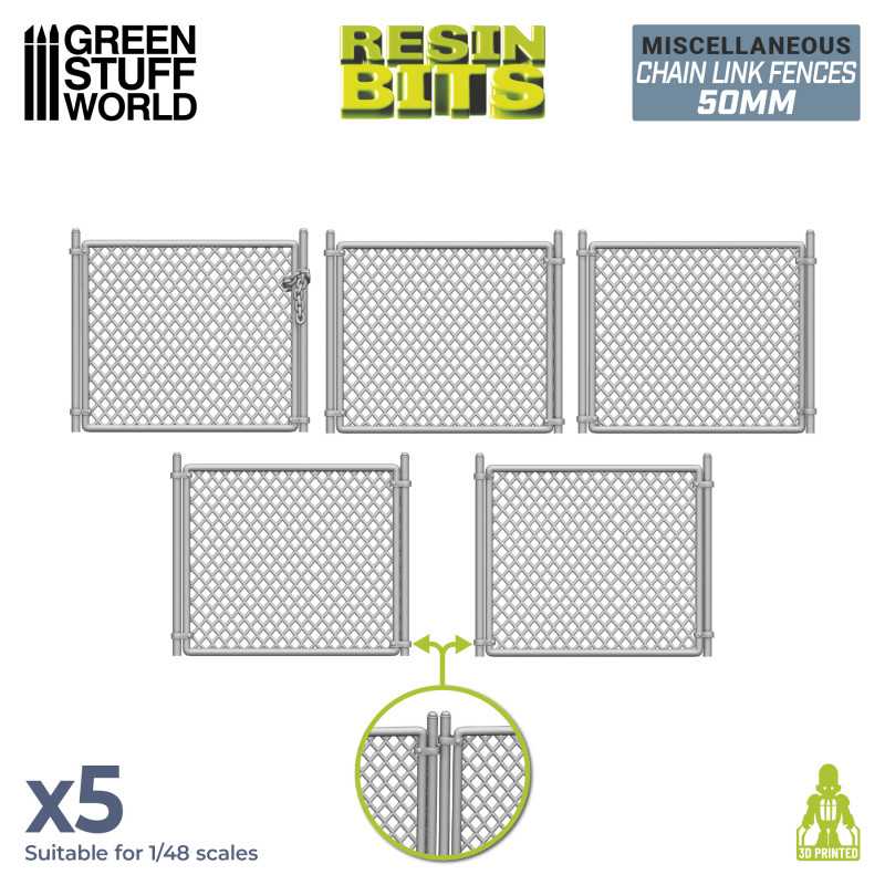 3D printed set - Chain Link Fences 50mm (Green Stuff World)