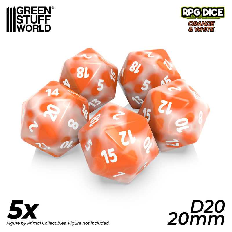5x D20 20mm Dice - Orange White Marble (Green Stuff World)