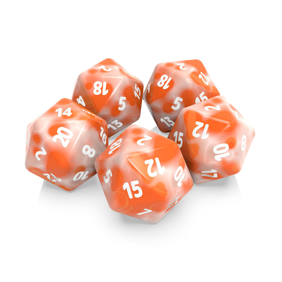 5x D20 20mm Dice - Orange White Marble (Green Stuff World)