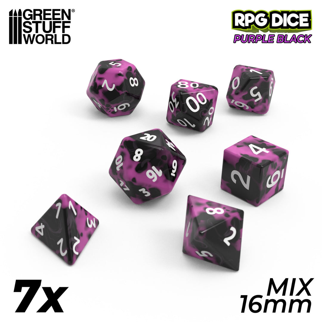7x Mix 16mm Dice - Purple Black (Green Stuff World)