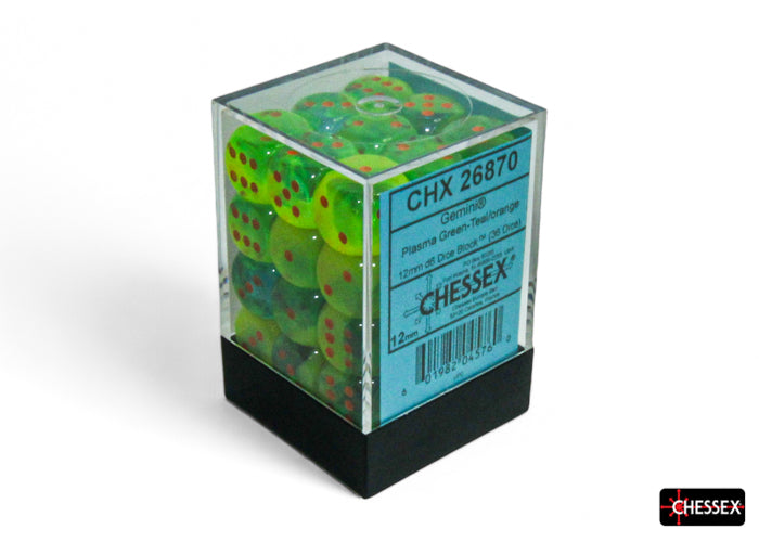 Gemini Plasma Green-Teal/orange Luminary 12mm d6 Dice Block (36 dice) (Chessex) (26870)