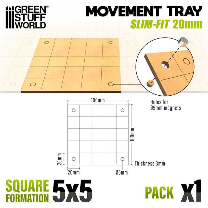 MDF Movement Trays 20mm - Slimfit Square 100x100mm (5x5) (Green Stuff World)