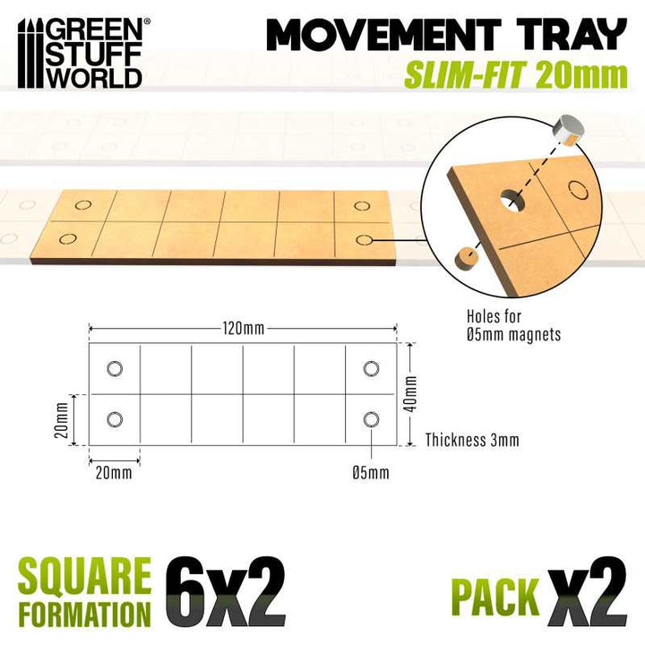 MDF Movement Trays 20mm - Slimfit Square 120x40mm (6x2) (Green Stuff World)