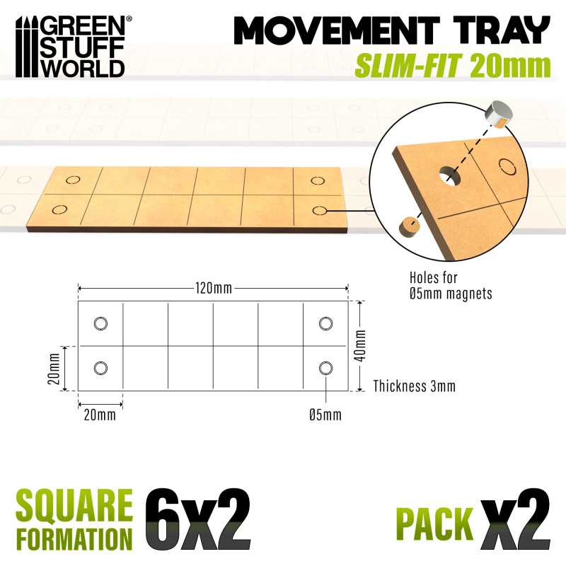 MDF Movement Trays 20mm - Slimfit Square 120x40mm (6x2) (Green Stuff World)