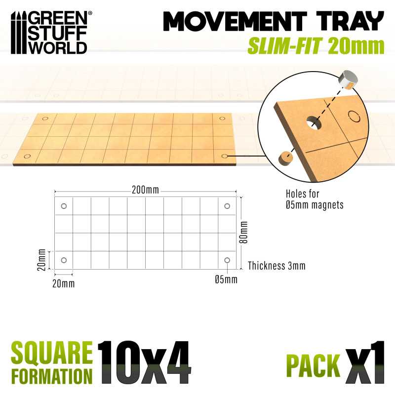 MDF Movement Trays 20mm - Slimfit Square 200x80mm (10x4) (Green Stuff World)