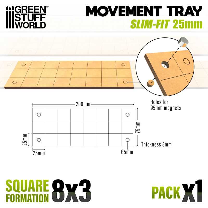 MDF Movement Trays 25mm - Slimfit Square 200x75mm (8x3) (Green Stuff World)