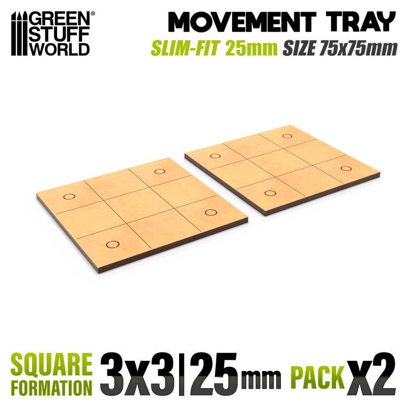 MDF Movement Trays 25mm - Slimfit Square 75x75mm (3x3) (Green Stuff World)