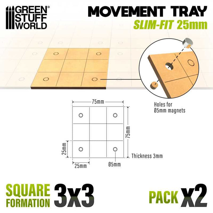 MDF Movement Trays 25mm - Slimfit Square 75x75mm (3x3) (Green Stuff World)