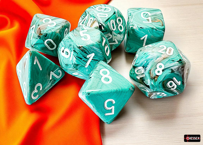 Marble Mega-hedral Oxi-Copper/white 7-Die Set (Chessex) (22403)