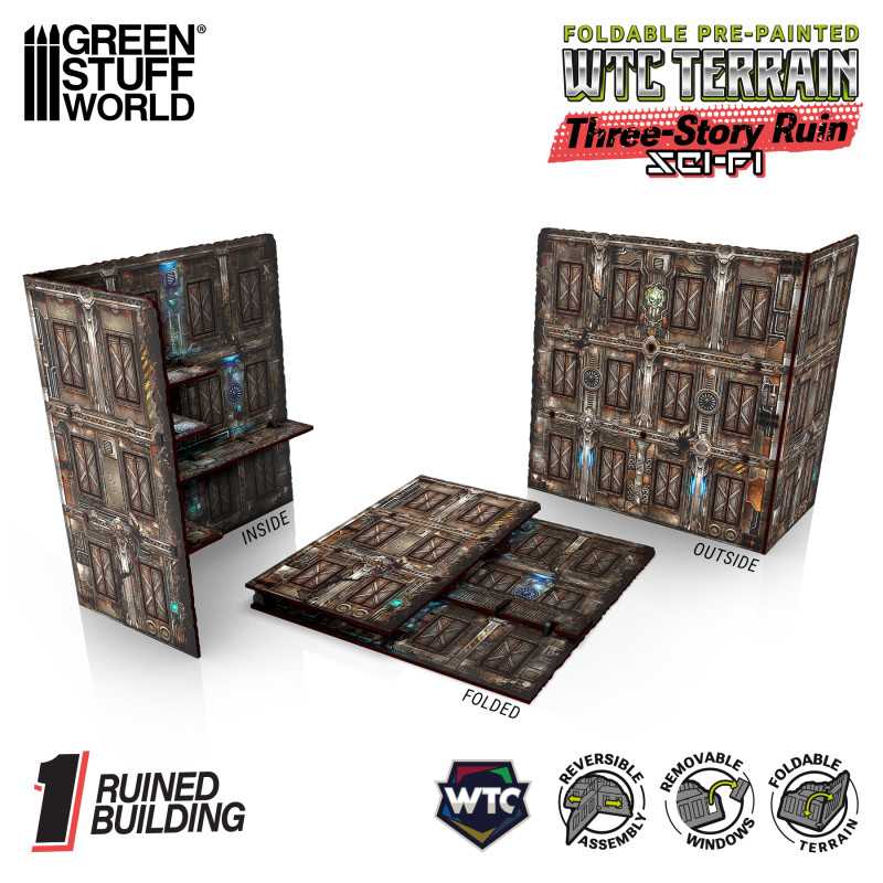 Pre-Painted Foldable Three-Story WTC Terrain Ruin - Sci-fi (Green Stuff World)