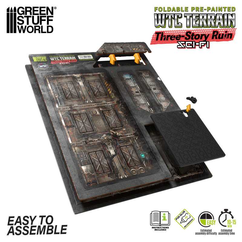 Pre-Painted Foldable Three-Story WTC Terrain Ruin - Sci-fi (Green Stuff World)
