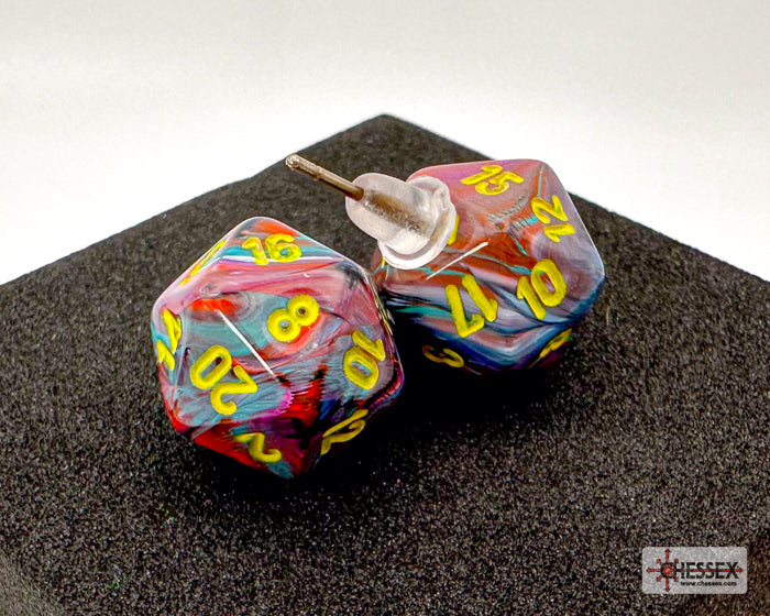 Stud Earrings Festive Mosaic Mini-Poly d20 Pair (Chessex) (54507)