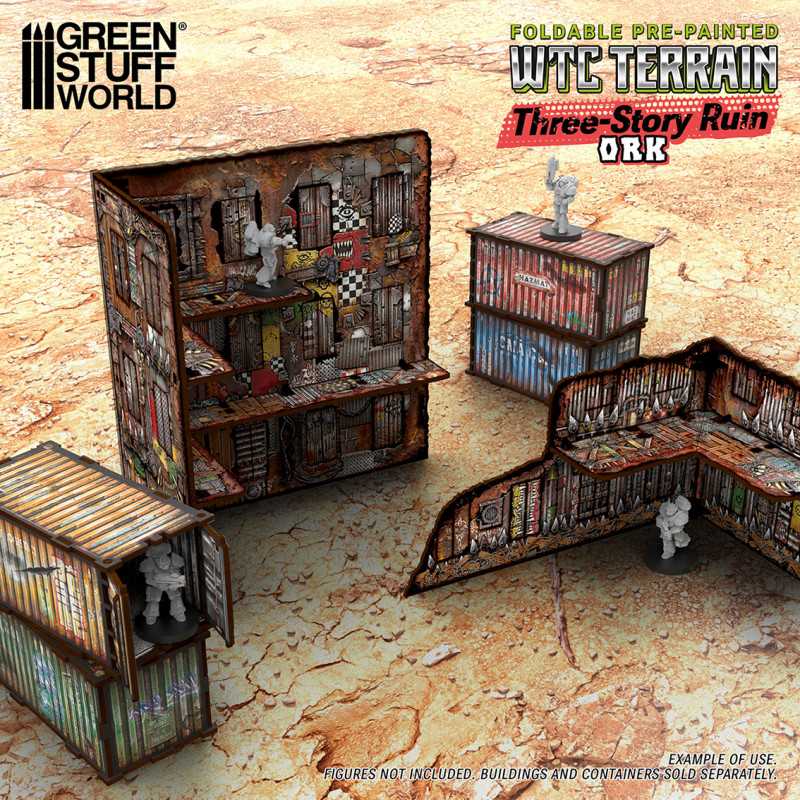 Pre-Painted Foldable Three-Story WTC Terrain Ruin - Orks (Green Stuff World)