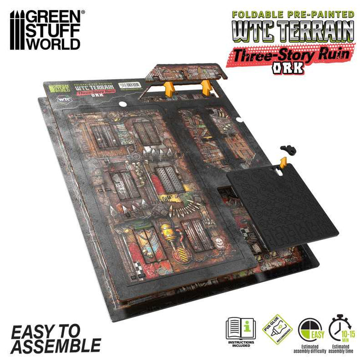 Pre-Painted Foldable Three-Story WTC Terrain Ruin - Orks (Green Stuff World)