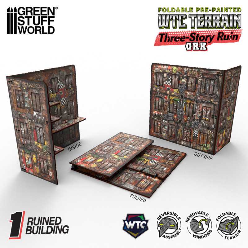 Pre-Painted Foldable Three-Story WTC Terrain Ruin - Orks (Green Stuff World)