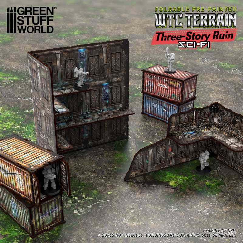 Pre-Painted Foldable Three-Story WTC Terrain Ruin - Sci-fi (Green Stuff World)