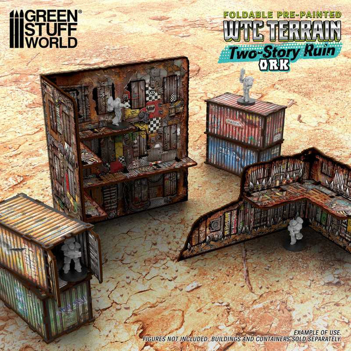 Pre-Painted Foldable Two-Story WTC Terrain Ruin - Orks (Green Stuff World)