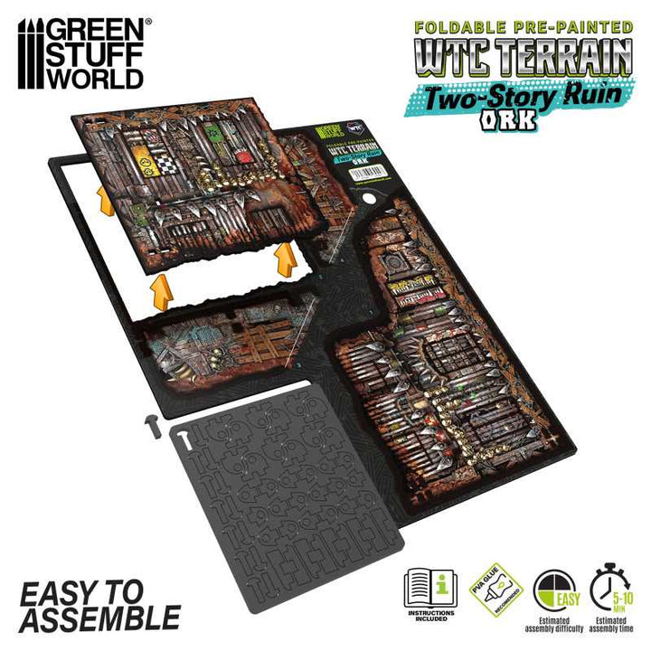 Pre-Painted Foldable Two-Story WTC Terrain Ruin - Orks (Green Stuff World)
