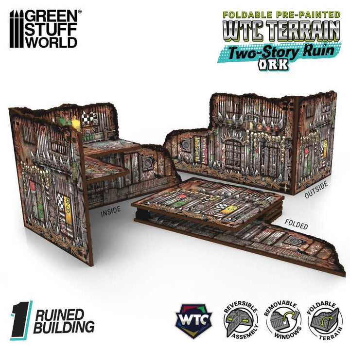 Pre-Painted Foldable Two-Story WTC Terrain Ruin - Orks (Green Stuff World)