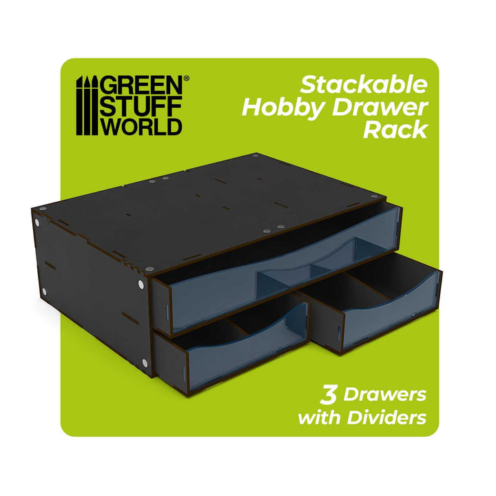 Stackable Hobby Drawer Rack with 3 horizontal drawers and dividers - Black (Green Stuff World)