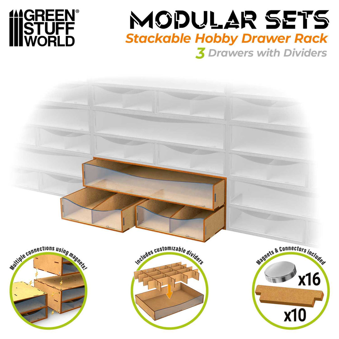 Stackable Hobby Drawer Rack with 3 horizontal drawers and dividers (Green Stuff World)