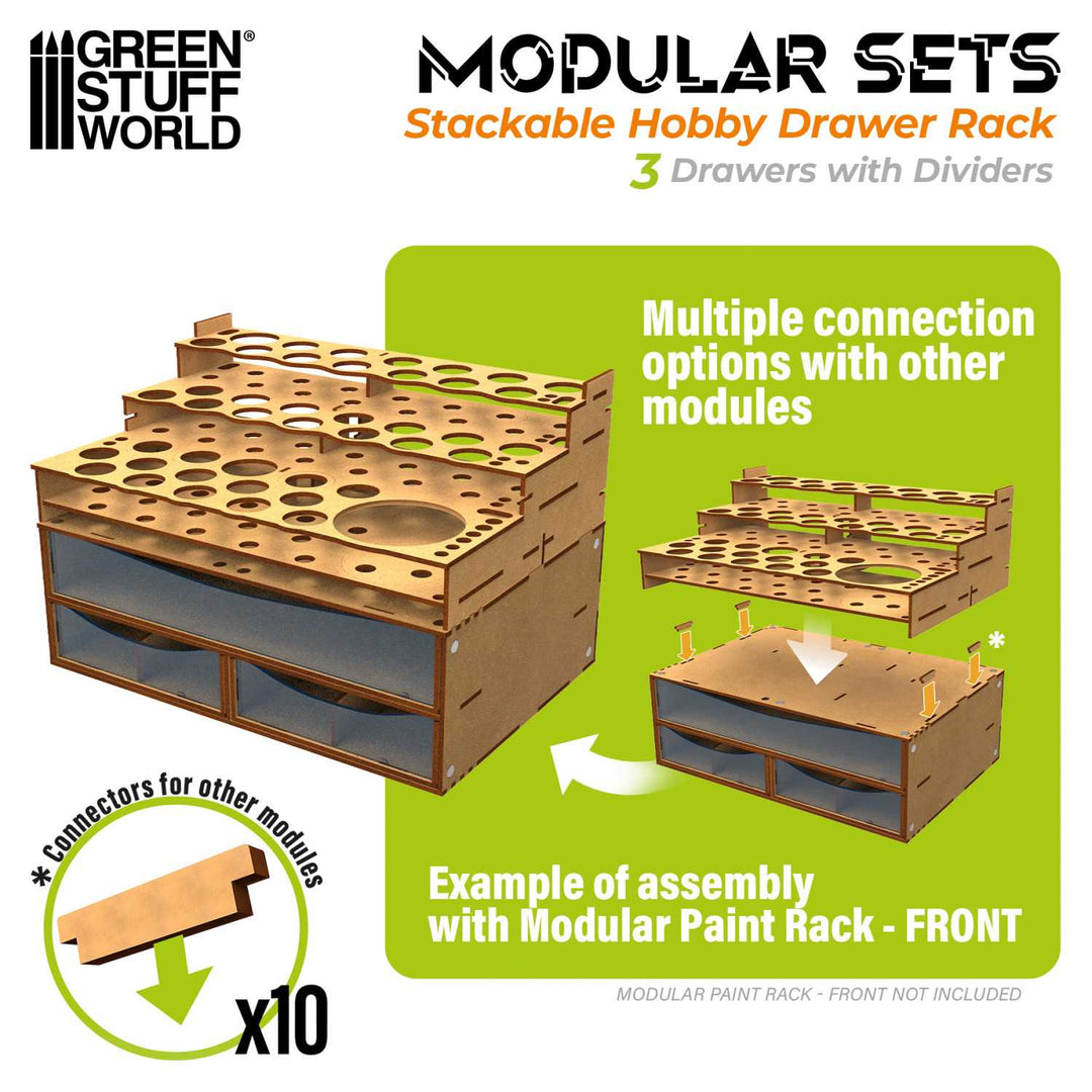 Stackable Hobby Drawer Rack with 3 horizontal drawers and dividers (Green Stuff World)