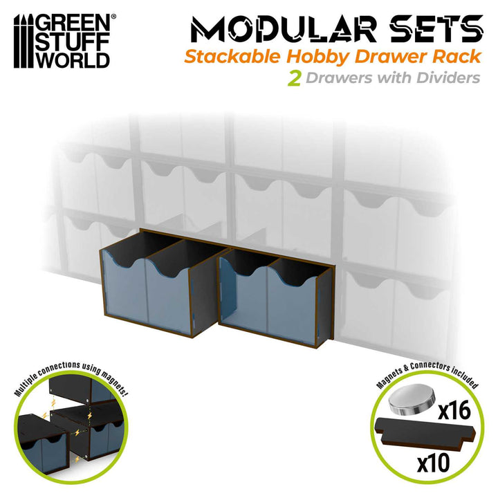 Stackable hobby drawer rack with 4 vertical drawers and magnets - Black (Green Stuff World)