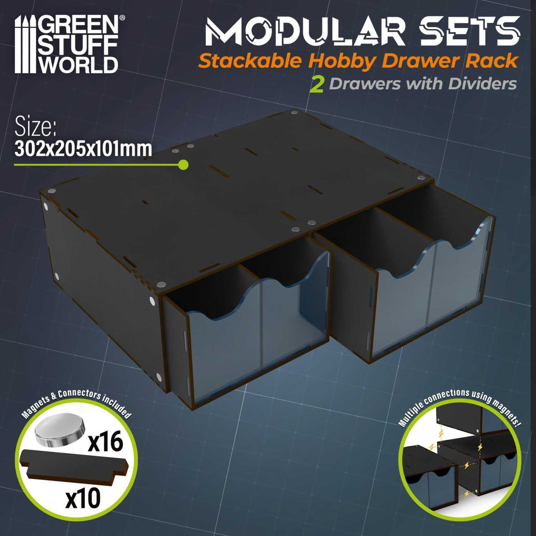 Stackable hobby drawer rack with 4 vertical drawers and magnets - Black (Green Stuff World)