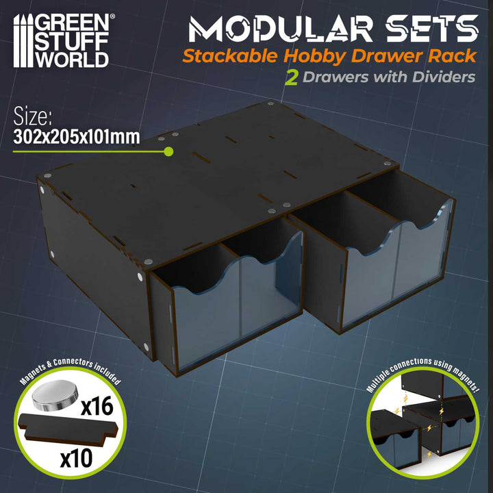 Stackable hobby drawer rack with 4 vertical drawers and magnets - Black (Green Stuff World)