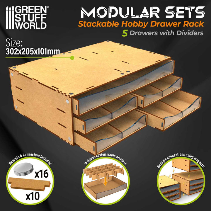 Stackable Hobby Drawer Rack with 5 horizontal drawers and dividers (Green Stuff World)