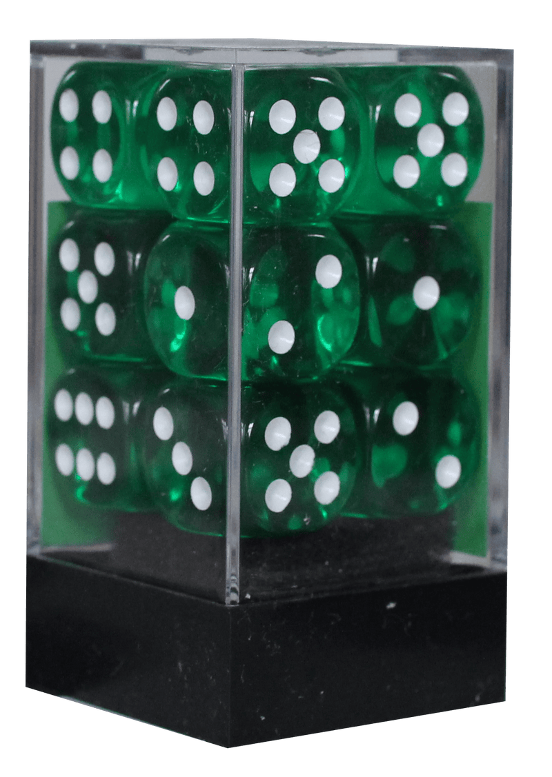 Translucent 16mm D6 grøn m/hvid terninger (Chessex) (23605)