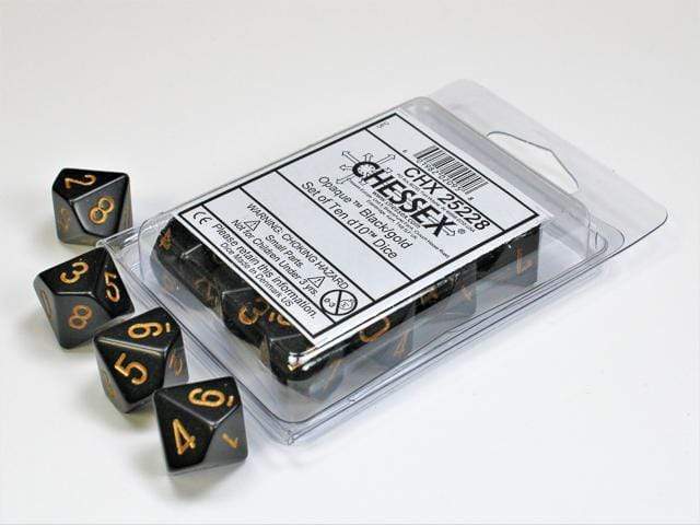 Opaque Black/gold Set of Ten d10's (Chessex) (25228)