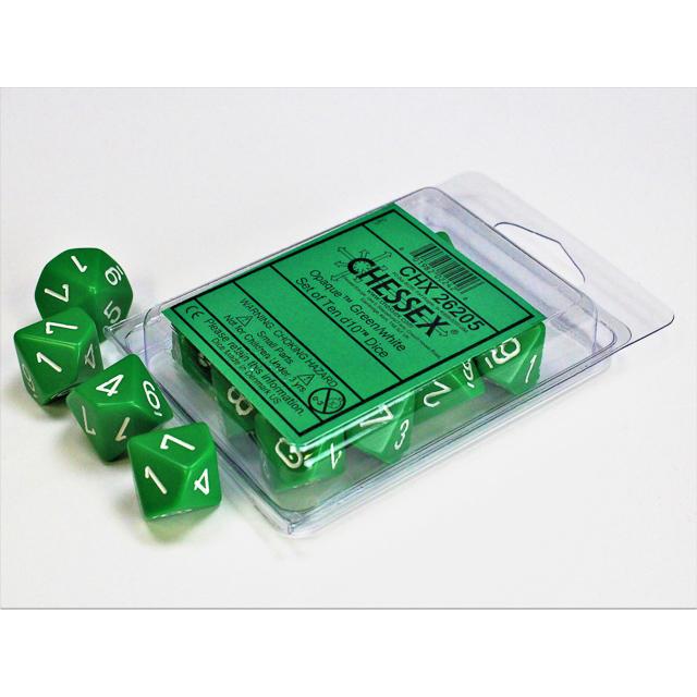 Opaque Green/white Set of Ten d10's (Chessex) (26205)