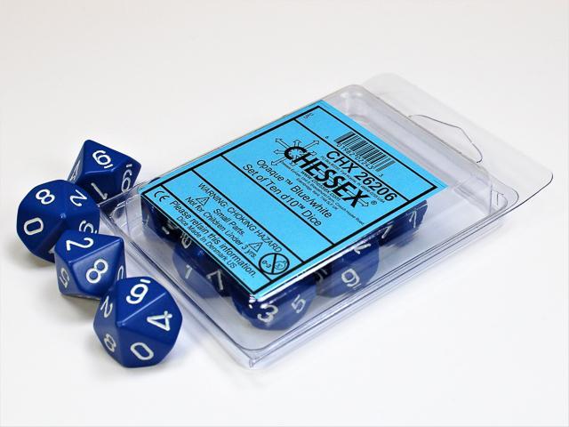 Opaque Blue/white Set of Ten d10's (Chessex) (26206)