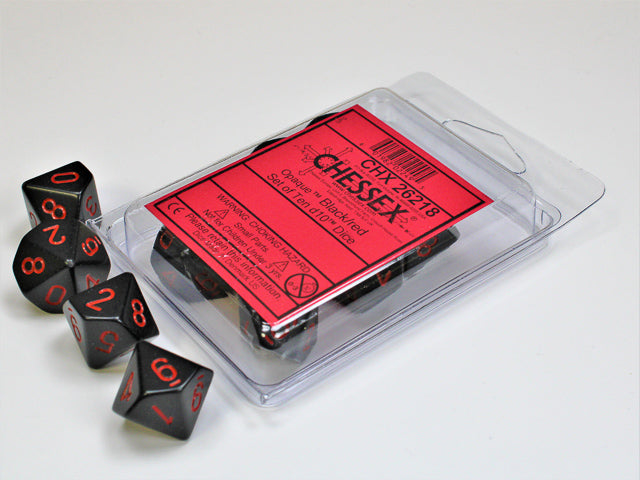 Opaque Black/red Set of Ten d10's (Chessex) (26218)