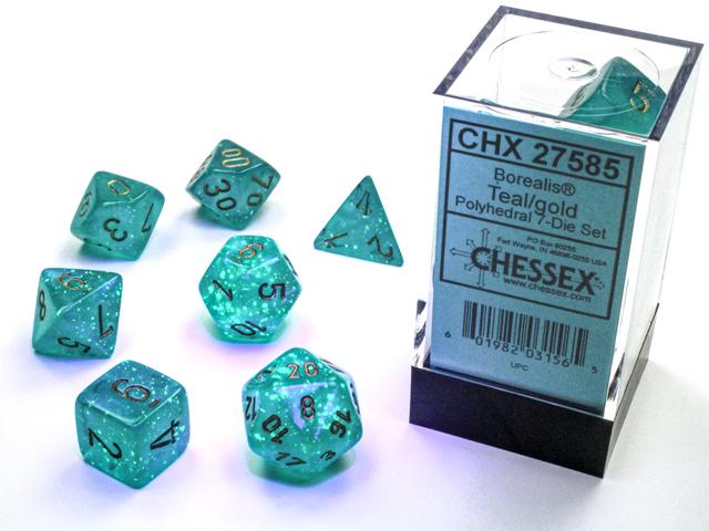 Borealis® Polyhedral Teal/gold Luminary 7-Die Set (Chessex) (27585)