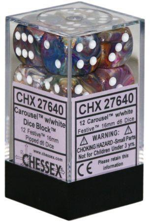 Festive™ 16mm d6 Carousel/white Dice Block™ (Chessex) (27640)