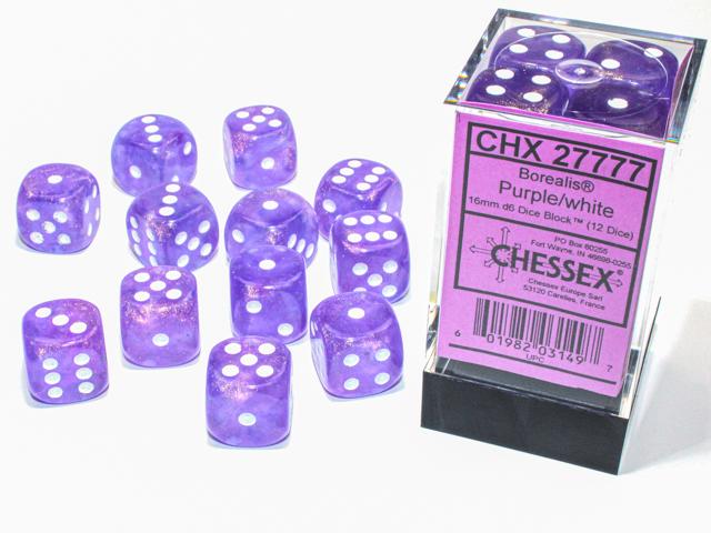 Borealis® 16mm d6 Purple/white Luminary Dice Block™ (12 dice) (Chessex) (27777)