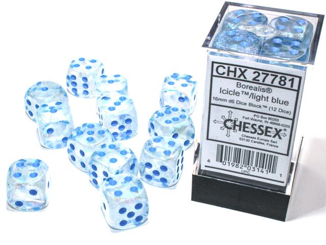 Borealis® 16mm d6 Icicle™/light blue Luminary Dice Block™ (12 dice) (Chessex) (27781)