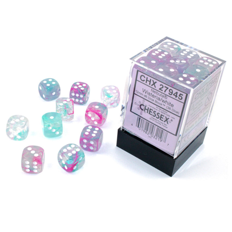 Nebula™ 12mm d6 Wisteria/white Luminary Dice Block™ (36 dice) (Chessex) (27945)