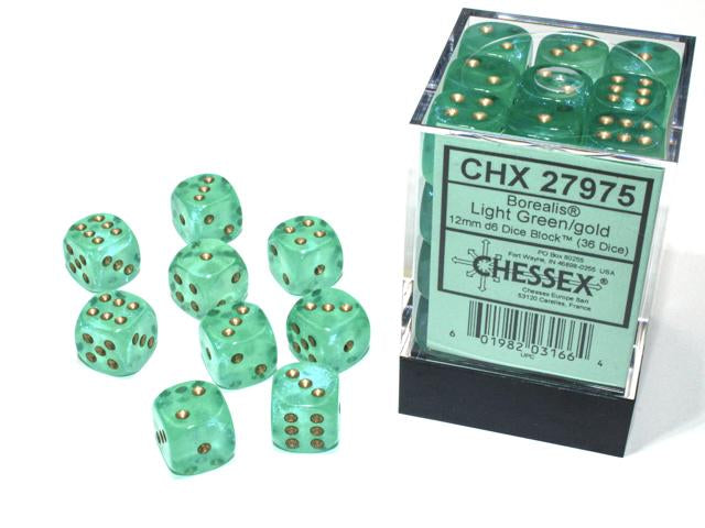 Borealis® 12mm d6 Light Green/gold Luminary Dice Block™ (36 dice) (Chessex) (27975)
