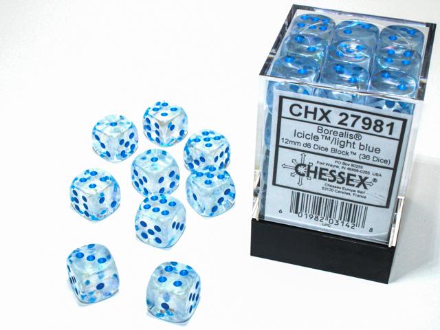 Borealis® 12mm d6 Icicle™/light blue Luminary Dice Block™ (36 dice) (Chessex) (27981)