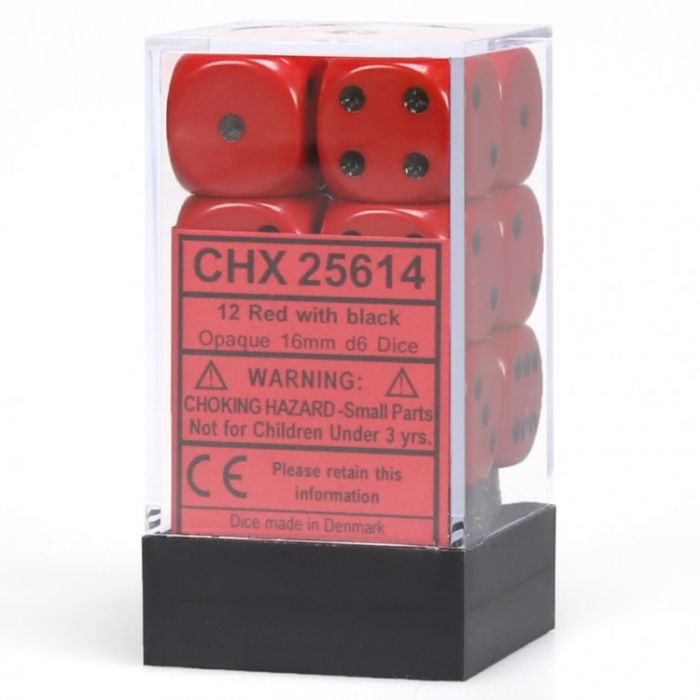 Opaque 16mm D6 rød m/sort terninger (25614) (Chessex)